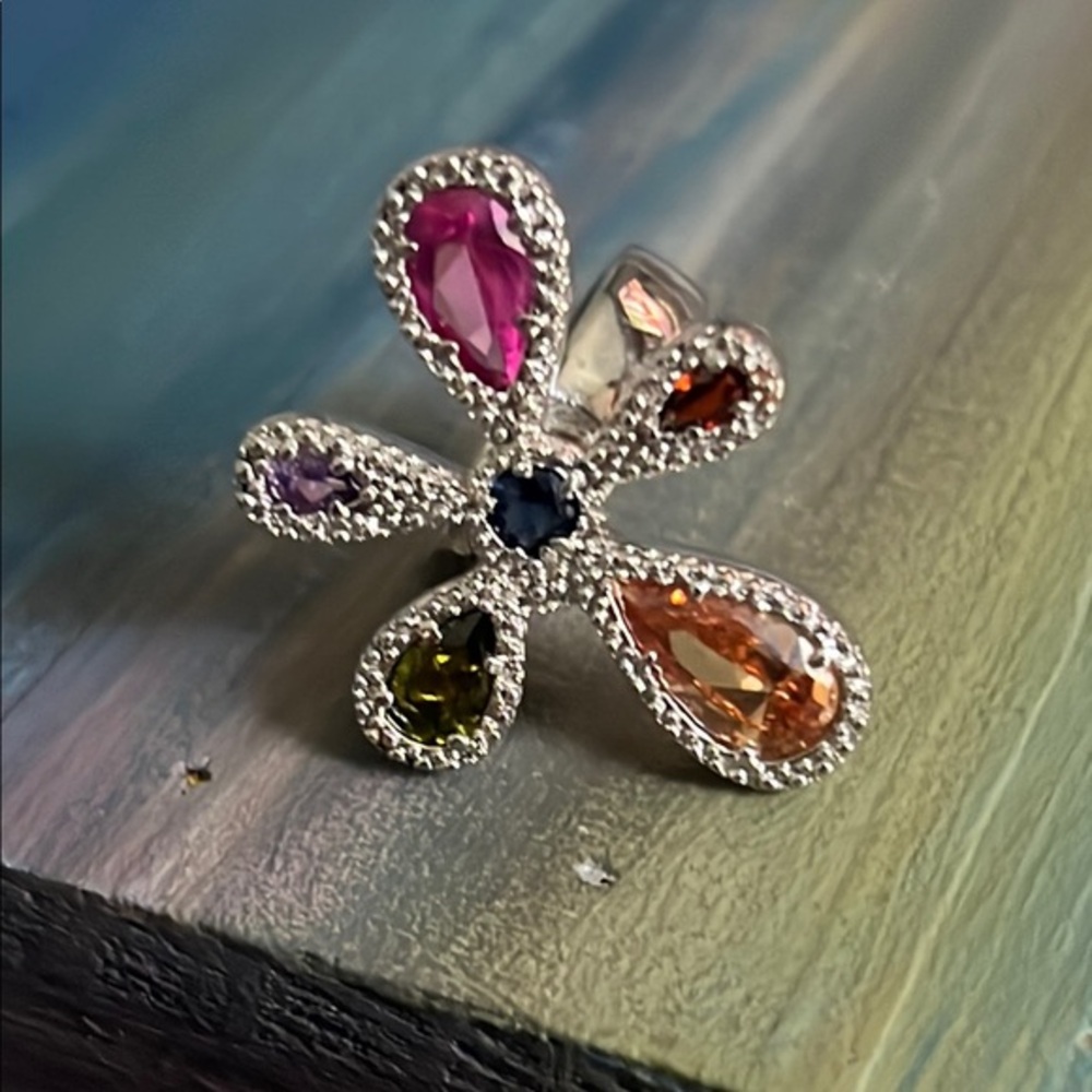 Pink Sapphire with other Multicolored gemstones 18K GF Flower Ring. Size 6.75